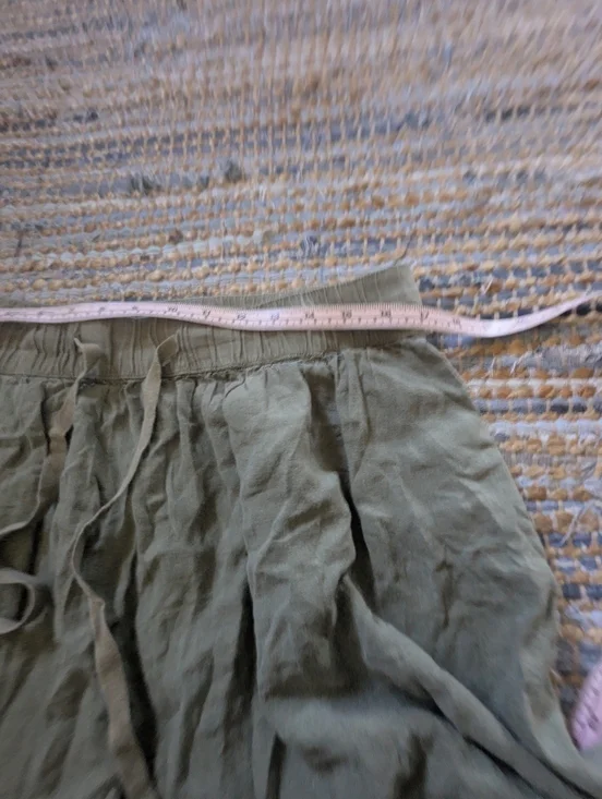 Olive Green Linen Midi Skirt XL Elastic Waist Drawstring Flowy Lightweight Boho - Picture 4 of 8